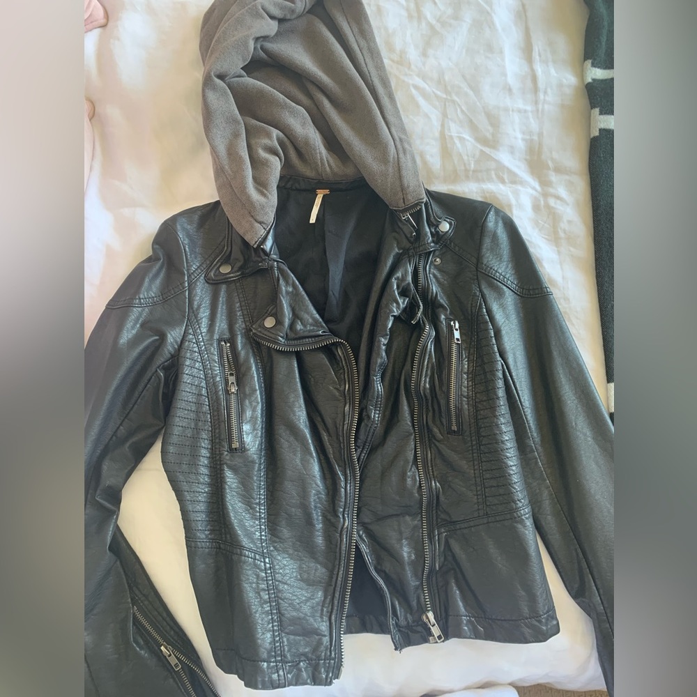 Faux leather biker jacket with detachable hood. NWOT.